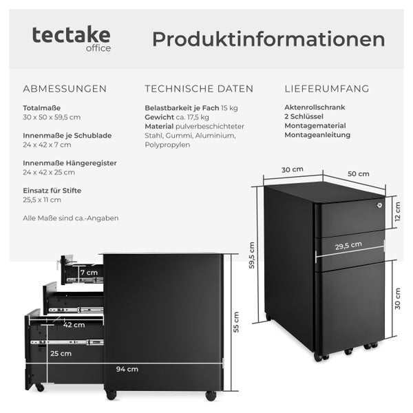 Produktinformationen zum Aktenrollschrank von tectake office mit Maßen und Details zu Materialien.