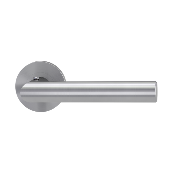 Türdrücker aus Edelstahl mit matter Oberfläche und runder Rosette für Innentüren.