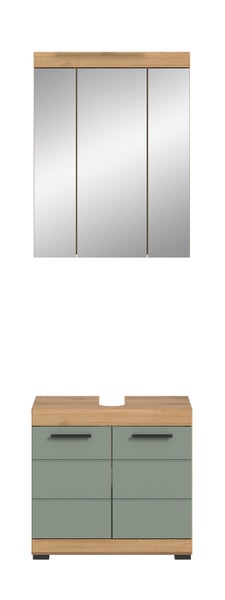 Badmöbel-Set bestehend aus einem dreitürigen Spiegelschrank mit Beleuchtung und einem Waschbeckenunterschrank in Holzoptik mit grünen Fronten.