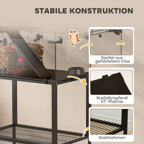 Hamsterkäfig mit stabilem Stahlrahmen, 6 Millimeter dickem Sockel aus gehärtetem Glas und stoßdämpfender KT-Platine.