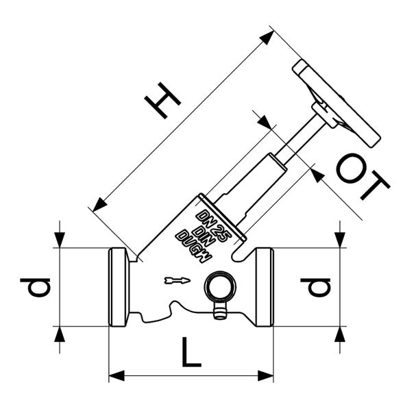 Maßzeichnung Schrägsitzventil mit Entleerung, Nenndurchmesser 25, DIN- und DVGW-geprüft.
