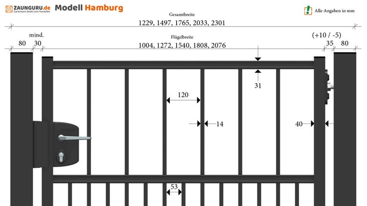 Gartentor ZAUNGURU BASIC-Linie Hamburg aus Metall, Höhe: 143cm, Breite: 123cm, 1-flügelig inkl. Pfosten, Schloss und Zubehör, Feuerverzinkt und zusätzlich in RAL 7016 Anthrazitgrau pulverbeschichtet