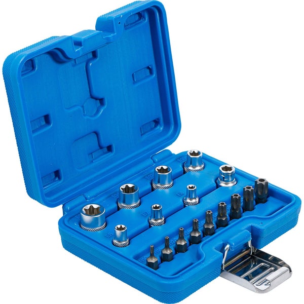Steckschlüssel- und Bit-Satz in geöffnetem, blauem Kunststoffkoffer