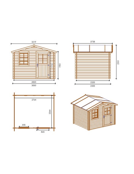 Maßzeichnung eines Gartenhauses aus Holz mit Vorderansicht, Seitenansicht, Grundriss und dreidimensionaler Ansicht inklusive Millimeterangaben.