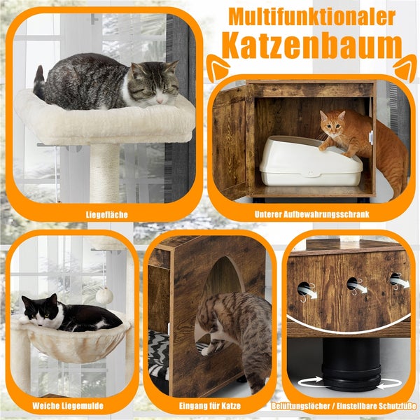 Multifunktionaler Katzenbaum mit Liegefläche, Katzenhöhle, Katzenklo-Aufbewahrung und Belüftungslöchern