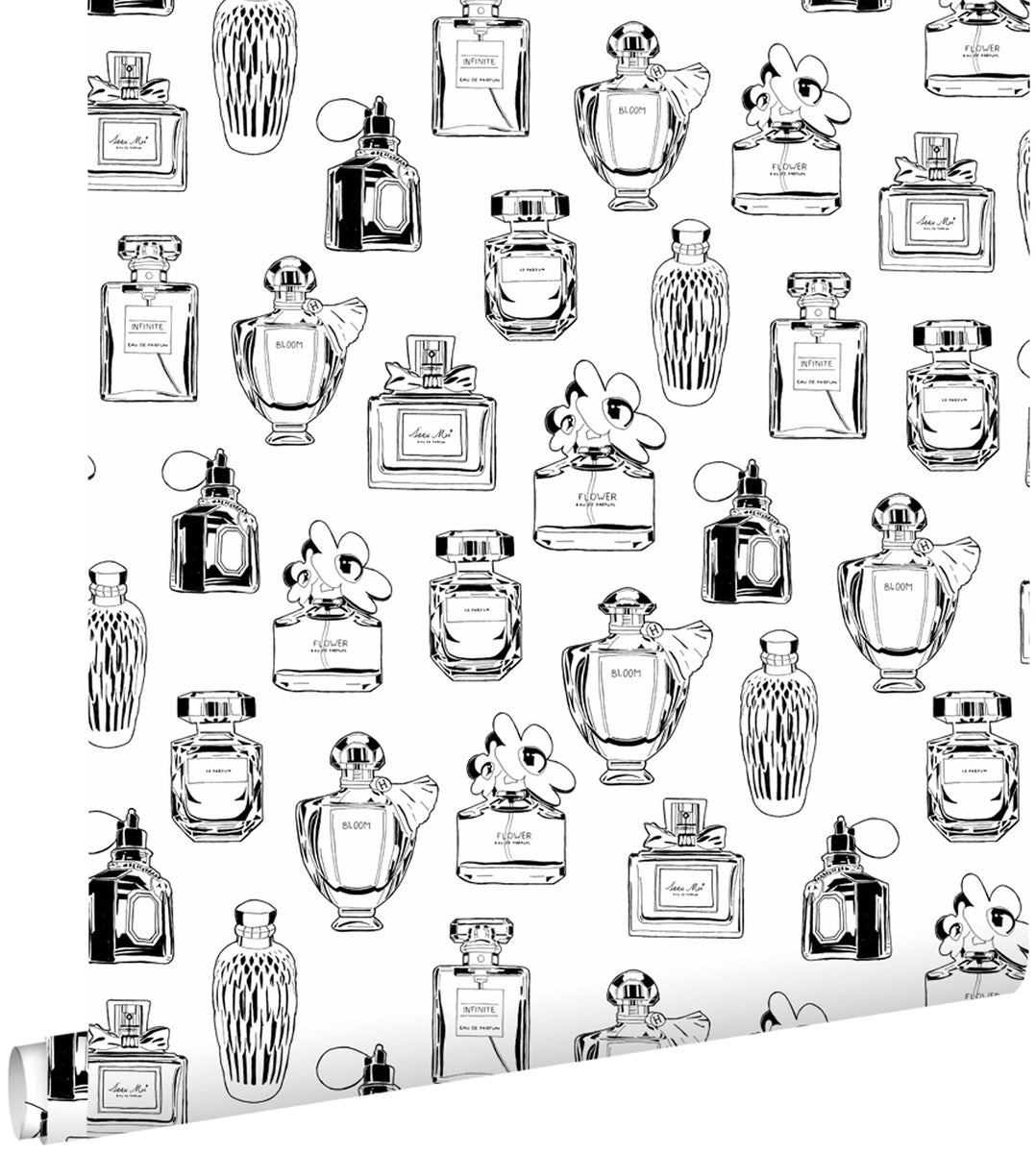ESTAhome Tapete Parfumflaschen Schwarz-Weiß - 0,53 x 10,05 m - 138855