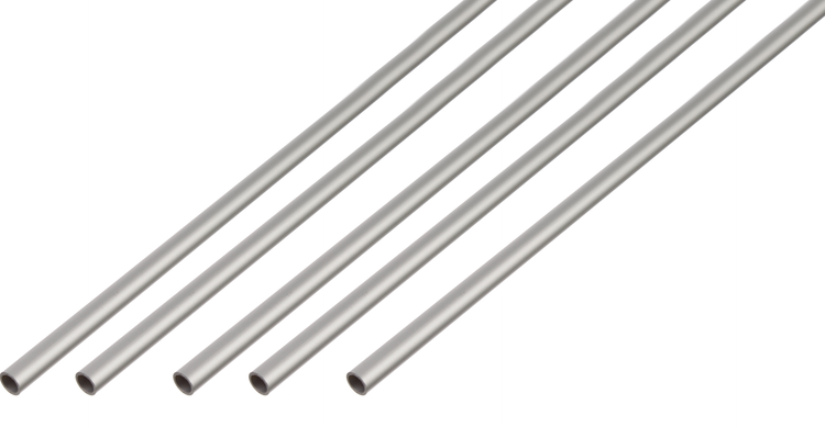 Fünf runde Aluminiumrohre mit glatter Oberfläche für Heimwerkerprojekte und Konstruktionen.