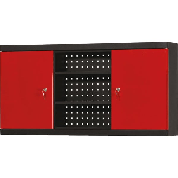 Wand-Werkzeugschrank aus Metall in Schwarz und Rot mit zwei abschließbaren Türen und offenem Mittelteil mit Lochwand.