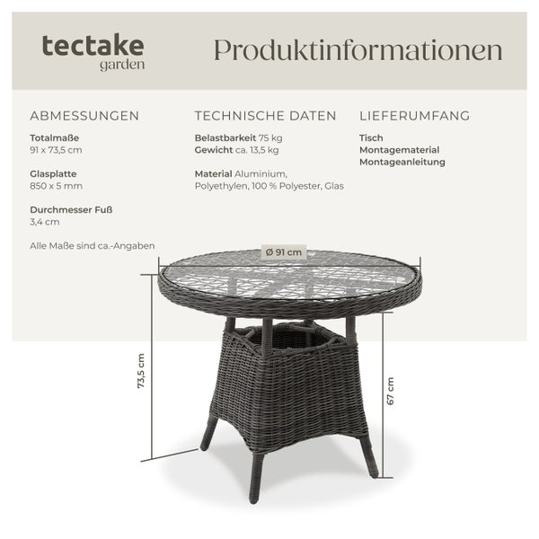 Gartentisch tectake  91 x 73,5 cm mit Aluminiumgestell grau