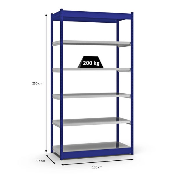PROREGAL Fachbodenregal Stecksystem Vierkant-Profil Grundregal HxBxT 250 x 132,5 x 50 cm 6 Ebenen Einseitige Bauart Fachlast 200 kg Enzianblau