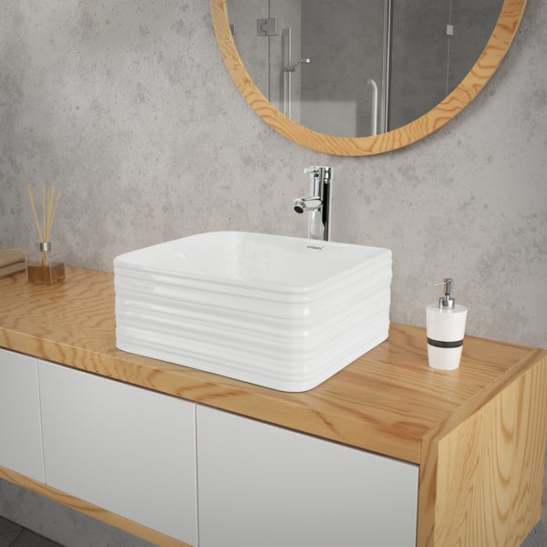 ML-Design Waschbecken Keramik Weiß 39x39x15 cm Quadratisch mit Ablaufgarnitur, Moderne Aufsatzwaschbecken, Design Waschtisch Aufsatz-Waschschale Waschplatz Handwaschbecken, für das Badezimmer/Gäste-WC