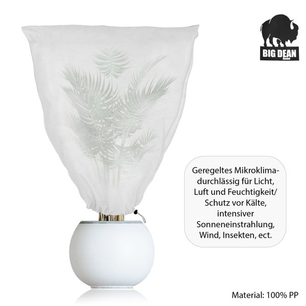 Winterschutzhaube für Pflanzen aus Polypropylen mit Kordelzug von Big Dean Home Logo zur Abdeckung von Kübelpflanzen gegen Kälte und Insekten.