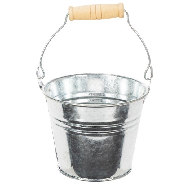 Verzinkter Metalleimer mit Drahtbügel und Holzgriff.
