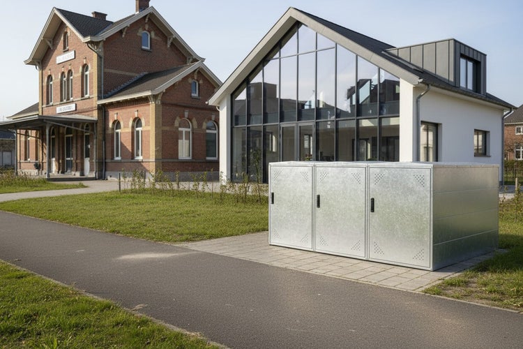 Fahrradbox aus Metall vor Gebäuden