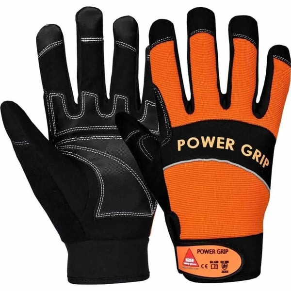 Ein Paar Power Grip Arbeitshandschuhe mit verstärkter Handfläche und Klettverschluss am Handgelenk.