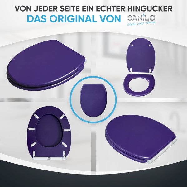 Sanilo WC-Sitz in Lila aus verschiedenen Perspektiven dargestellt, einschließlich geöffneter, geschlossener und Ansicht der Unterseite.