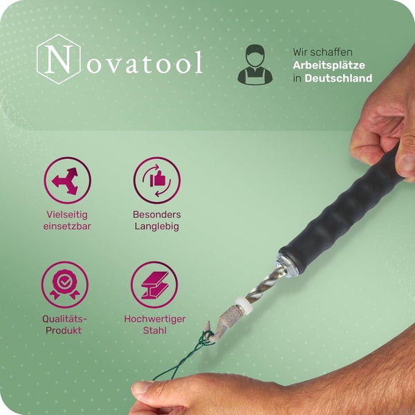 Novatool Logo. Symbole für Vielseitigkeit, Langlebigkeit, Qualität, Stahl und Arbeitsplätze in Deutschland. Drahtdriller mit schwarzem Griff.