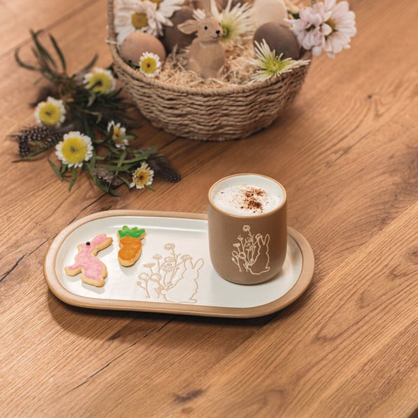 FRANK FLECHTWAREN|Geschirrset Frühlingshäschen, 2tlg., Teller 26 x 15 cm, Becher Ø 7 x 8 cm, Füllmenge ca. 200 ml, KERAMIK