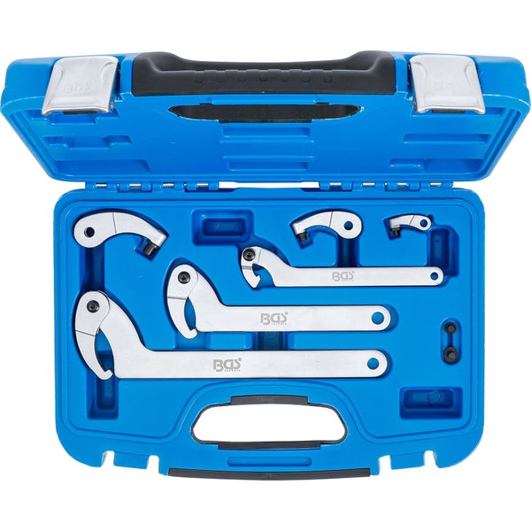 BGS technic Gelenkhakenschlüssel-Satz im blauen Kunststoffkoffer, sechsteilig, aus Metall, für Nutmuttern.
