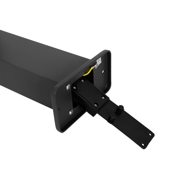 Detailansicht des Sockels einer Pollerleuchte mit Erdungsanschluss und Montagehalterung