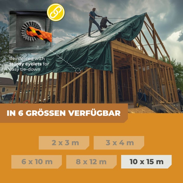Bauarbeiter decken einen Haus-Rohbau aus Holz mit einer Gewebeplane ab, Detailansicht einer stabilen Öse und Liste verfügbarer Größen in Meter.