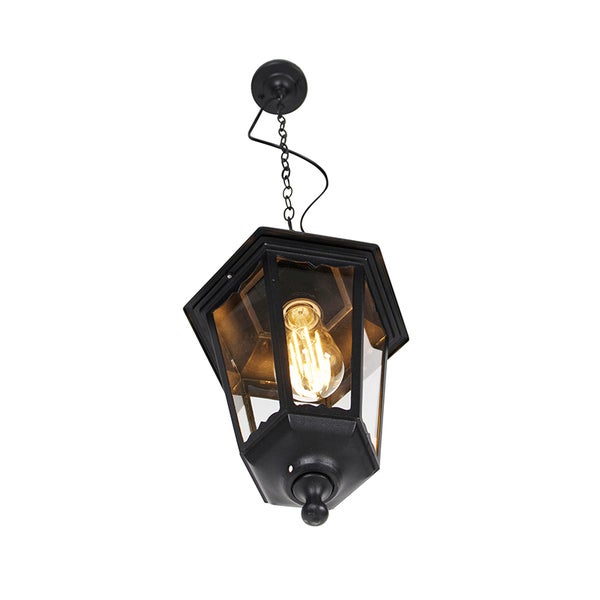 Klassische Außenhängeleuchte in Laternenform aus Metall und Glas mit sichtbarem LED Leuchtmittel.