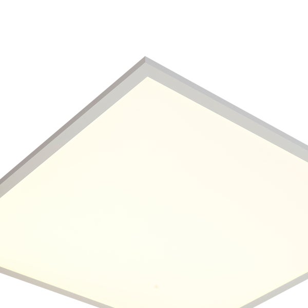 Quadratisches LED Panel für die Decke, flaches Design mit weißem Kunststoffrahmen.
