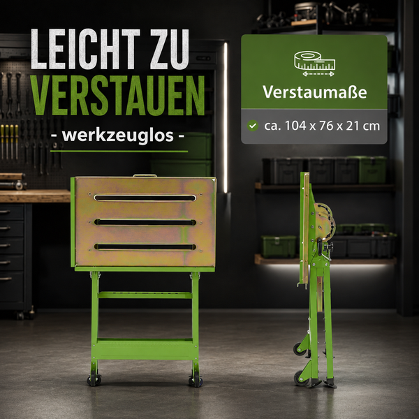 Mobiler Werkstattwagen aus Metall in einer Werkstatt, abgebildet in offenem und platzsparend zusammengefaltetem Zustand, Maße circa 104 mal 76 mal 21 Zentimeter.