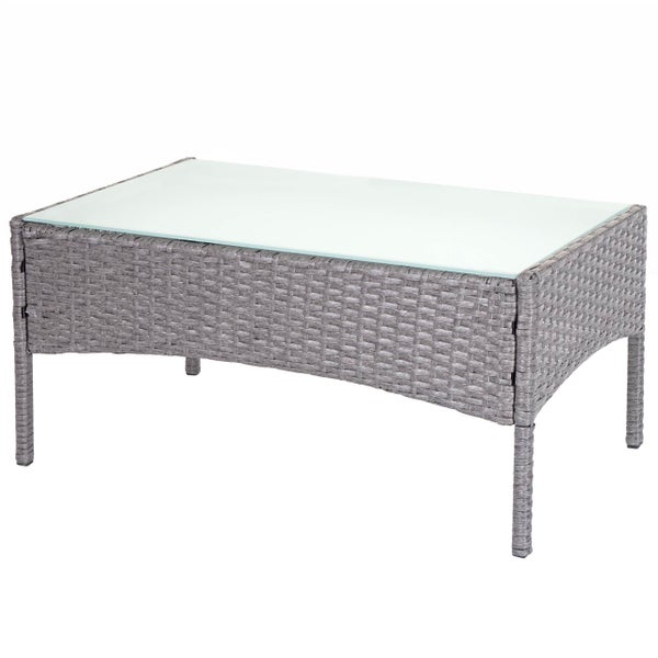 Rechteckiger Gartentisch aus grauem Polyrattan mit einer Tischplatte aus Glas.