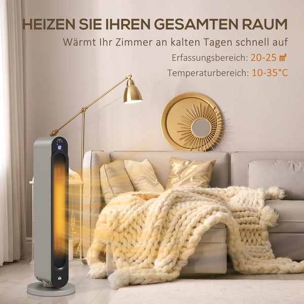 Turmheizgerät in einem hellen Wohnzimmer. Heizbereich 20 bis 25 Quadratmeter, Temperaturbereich 10 bis 35 Grad Celsius.