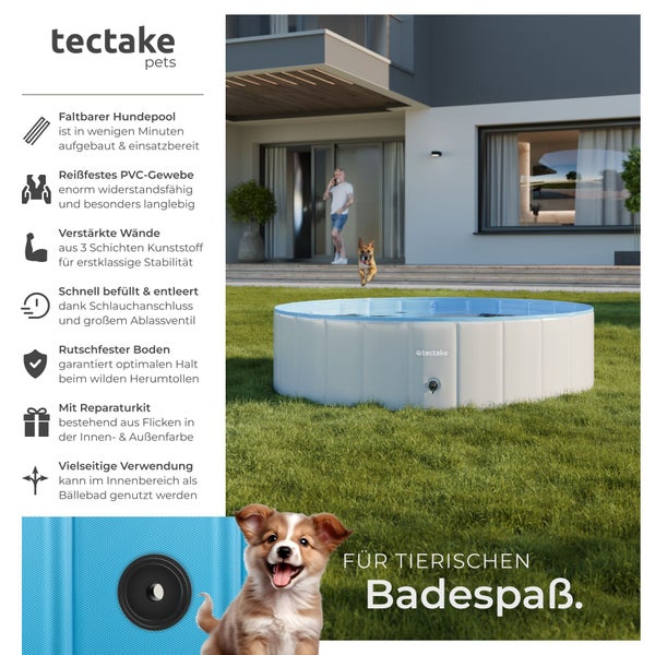 Faltbarer Hundepool aus reißfestem Kunststoff auf einer Rasenfläche vor einem Haus mit Details zu Funktionen, tectake pets Logo.
