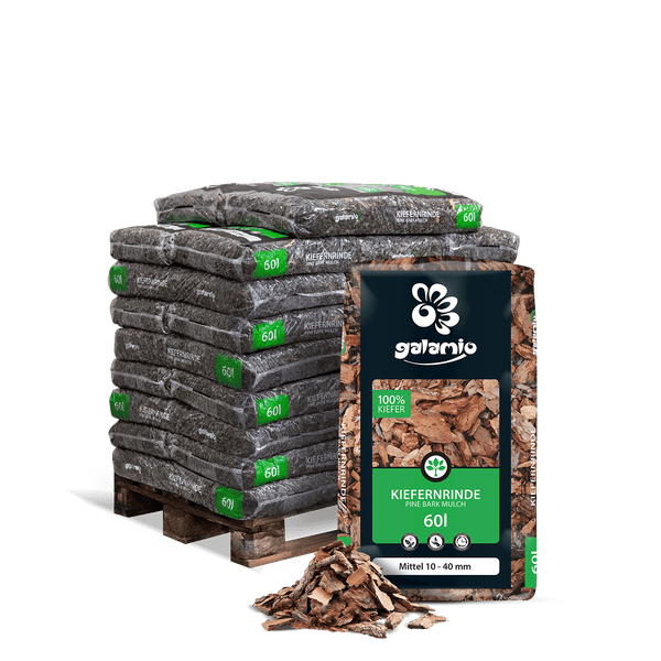 Galamio Kiefernrinde, Körnung 10 bis 40 Millimeter, Palette mit Säcken zu je 60 Liter.