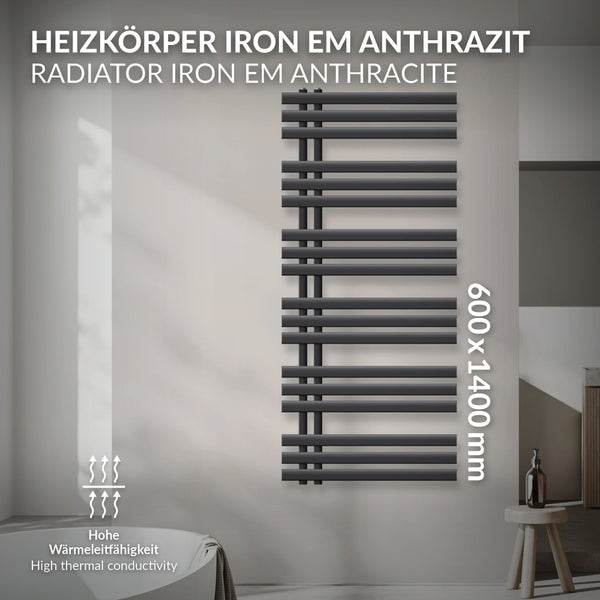 ECD Germany Iron EM Design Badheizkörper - 600 x 1400 mm - Anthrazit - Designheizkörper Paneelheizkörper Heizkörper Handtuchwärmer Handtuchtrockner Heizung Radiator