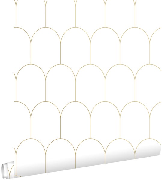 ESTAhome Tapete Art Decó Muster Weiß und Gold - 53 cm x 10.05 m - 139139