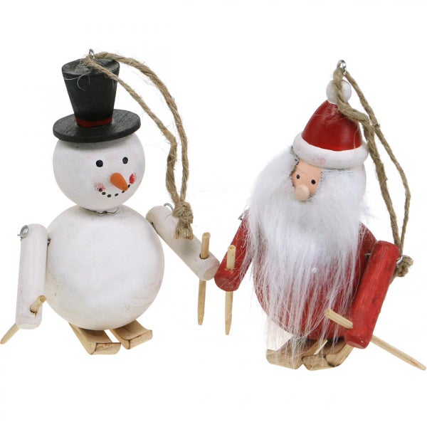 Weihnachtsbaumschmuck mit Schneemann und Weihnachtsmann auf Skiern