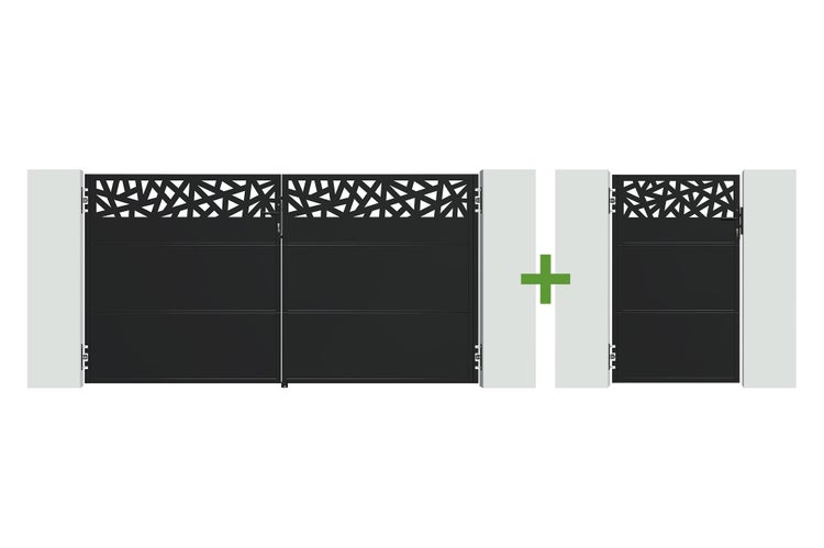 Set aus zweiflügeligem Aluminium-Einfahrtstor und passender Gartentür mit geometrischen Dekorelementen oben.