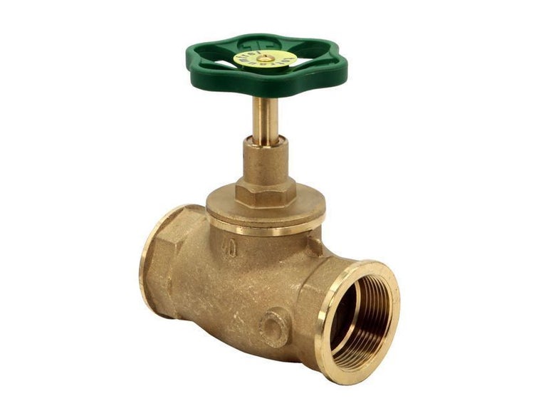 Absperrventil aus Messing mit grünem Handrad und Innengewinde für Wasserinstallationen.