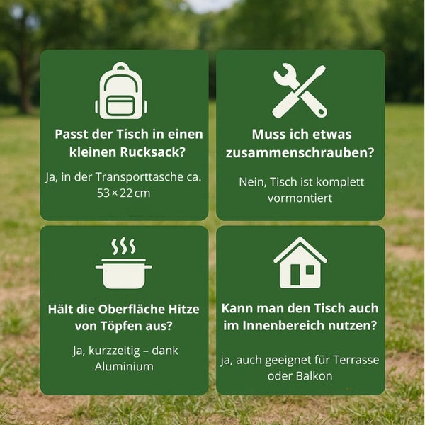 Informationen zum Tisch: Passt in einen kleinen Rucksack, keine Montage erforderlich, hitzebeständig, für Innenbereiche geeignet