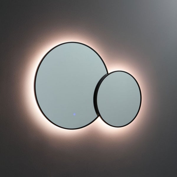 Doppelter Rundspiegel mit schwarzem Rahmen und LED-Hintergrundbeleuchtung, Wandspiegel mit Touch-Sensor.