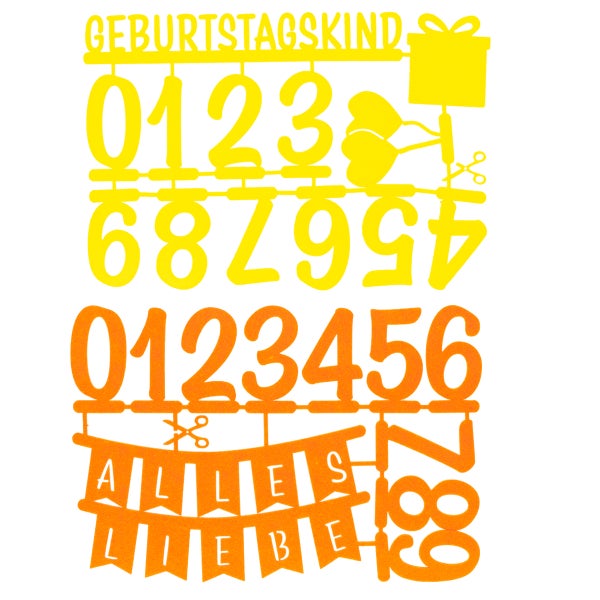 Dekoratives Bastelset zum Geburtstag mit den Schriftzügen Geburtstagskind und Alles Liebe, Zahlen von null bis neun sowie Geschenkmotiv und Herzen.