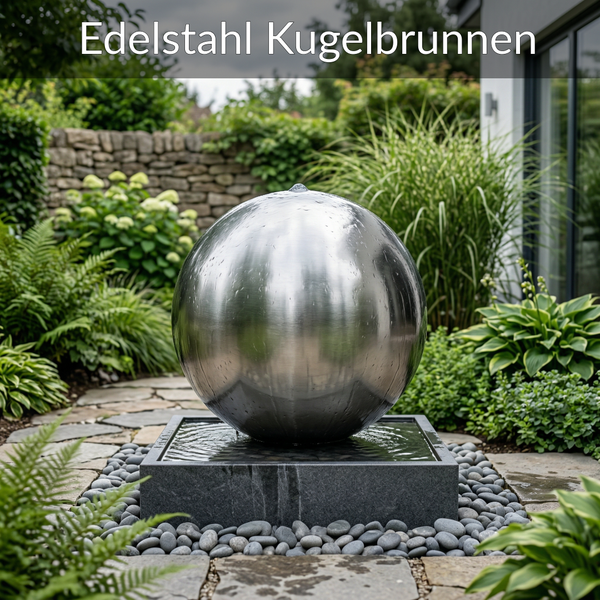 Edelstahl Kugelbrunnen als dekoratives Wasserspiel in einem begrünten Garten auf einem dunklen Steinsockel.