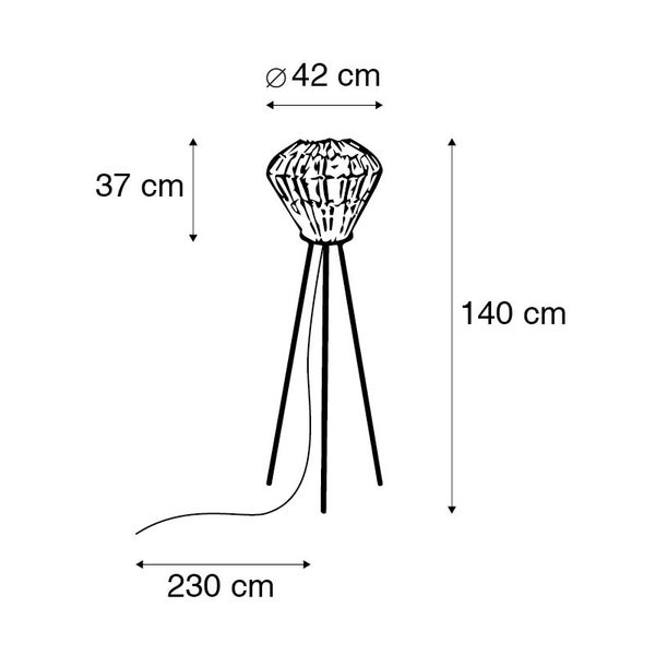 Dimensionszeichnung der Stehlampe mit einer Höhe von 140 Zentimeter, einem Durchmesser von 42 Zentimeter, einer Lampenschirmhöhe von 37 Zentimeter und einer Kabellänge von 230 Zentimeter.