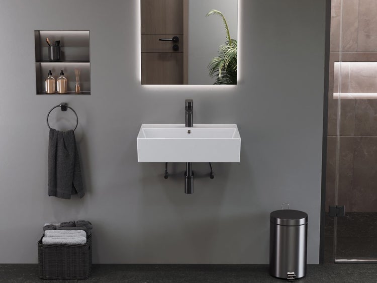 Aqua Bagno Basic Plan Waschbecken 10.16.30.03.2 – 55 x 45 cm – Weiß Hochglanz – Keramikbecken mit Hahnloch & Überlauf