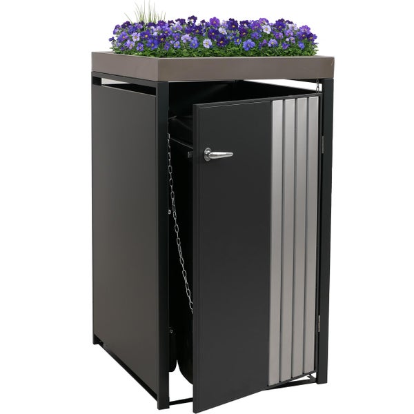 Abfallbehälter mit Pflanzkasten auf der Oberseite und einer Tür zum Entleeren des Behälters.