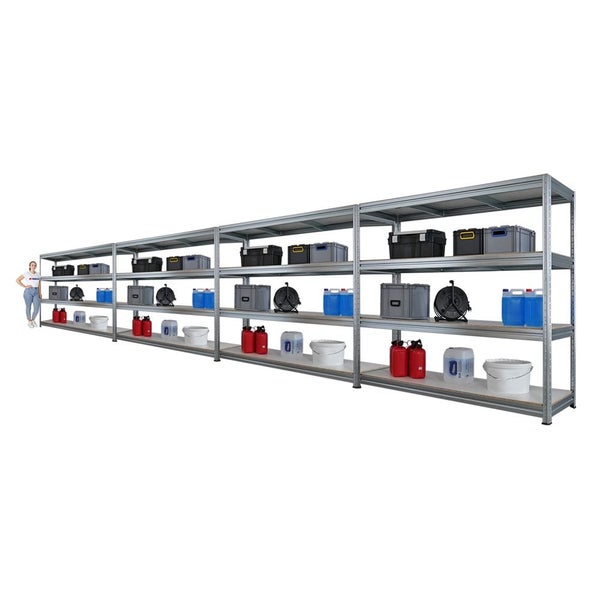 Langes Regal mit vier Ebenen, bestückt mit verschiedenen Behältern und Boxen.