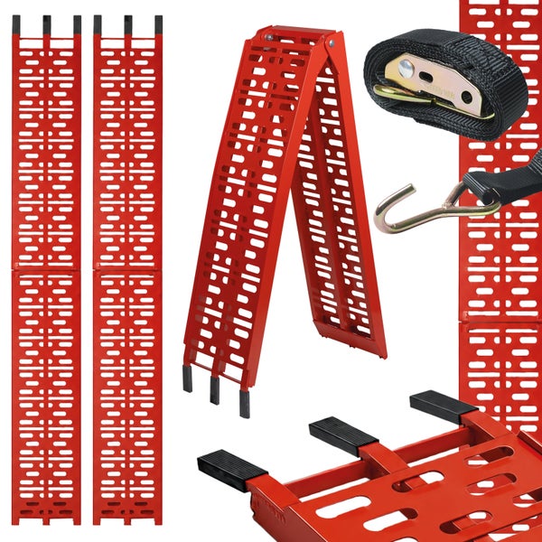 Set aus zwei klappbaren Auffahrrampen aus Metall mit rutschfester Profilierung und Spanngurt mit Haken zur Ladungssicherung