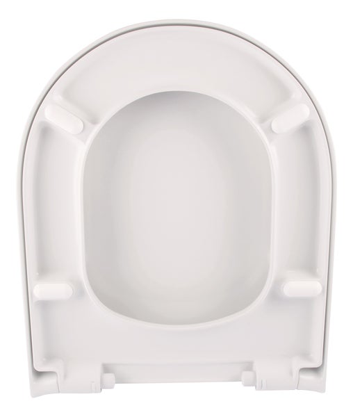 Weißer Toilettensitz mit Deckel von unten gesehen, ovale Form, inklusive Scharniere.