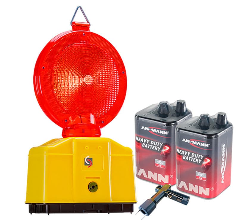 Baustellenleuchte Warnleuchte rote LED als Set mit oder ohne Batterien / 2 Batterien x 9 Ah Zink-Kohle