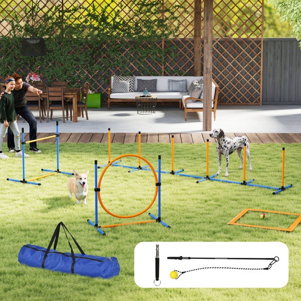 PawHut Agility Set Hunde 7-teilig Agility-Ausrüstung für Hundetraining Steckhürdenset mit Slalomstangen Sprunghoop 2 Bälle höhenverstellbar Hürden Koordinationstraining für Spiele Training