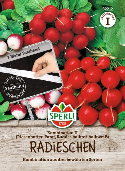 Saatband Radieschen Kombination II von Sperli, 5 Meter langes Saatband mit drei bewährten Sorten für die Aussaat im Garten.